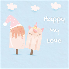 two sweet popsicle chocolate ice cream put on blue sky background.they are decorated by party hat and unicorn face.design for cute bakery lover cafe.template happy birthday card invitation food shop.