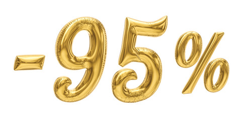 95% discount sale promotion off gold ballons number 3d rendered isolated on white background.	