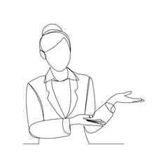 Wall Mural - Continuous line drawing of business woman showing for something presentation. Vector illustration