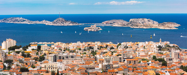 Wall Mural - Panoramic aerial view of Marseilles skyline, islands and harbor, Marseille, the second largest city of France