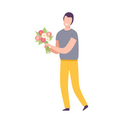 Poster - Smiling Young Man with Bouquet of Flowers, Holiday Congratulations, Romantic Date Vector Illustration