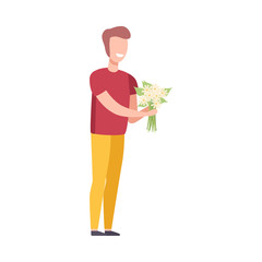 Poster - Smiling Man Holding Bouquet of Flowers, Holiday Congratulations, Romantic Date Vector Illustration