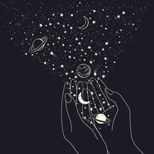 Vector Space Background With Hands Holding Constellations, Planets, Moon And Stars