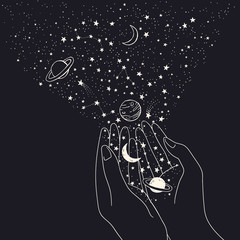 Wall Mural - vector space background with hands holding constellations, planets, moon and stars
