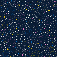 Wall Mural - seamless space pattern with colorful cartoon doodle half moon and stars