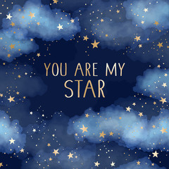 You are my star vector space background with gold constellations and clouds. Watercolor night sky illustration