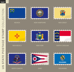 Wall Mural - Postage stamp with USA States flag, collection of 9 US states flag.