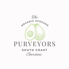 Wall Mural - avocado south farm abstract vector sign, symbol or logo template. hand drawn sketch fruit with retro