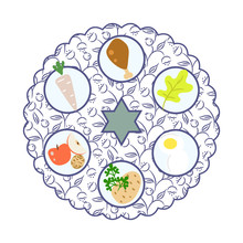 Passover Seder Plate With Food Cartoon Vector Illustration.