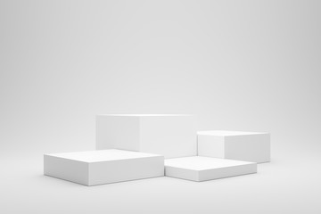 Poster - Empty podium or pedestal display on white background with box stand concept. Blank product shelf standing backdrop. 3D rendering.