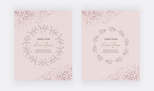 Pink Cards With Hand Drawn Wreath Frames And Rose Gold Confetti. Decorative Lines Borders. Template For Wedding Invitation, Blog Posts, Banner, Card, Save The Date, Poster, Flyer	