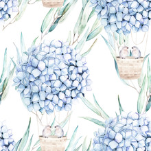 Watercolor Seamless Pattern. Aerostat Ballon With Blue Hydrangea And Bird Couple, Eucalyptus Branches. Hand Drawn Floral Illustration