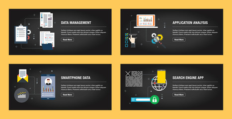 Set of internet banner design templates for web sites, internet marketing, and business. Data management, application analysis, smartphone data and search engine app. Flat design vector.