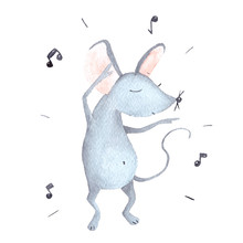 Watercolor Painting Of A Cute Grey Dancing Mouse. Hand Drawn Illustration