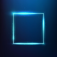 Glowing Blue Square Neon Effect Banner With Glitters. Vibrant Square Neon Frame Vector.