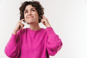 Poster - Image of displeased woman plugging her ears and looking upward