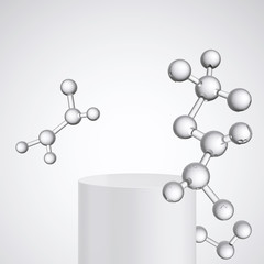 Wall Mural - molecule on white wall with display podium mockup background for cosmetic product stand, 3d renderin