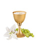 First holy communion. Gold chalice with communion, lilly and winegrape. White background.