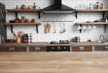 Poster - Empty wooden table in beautiful kitchen. Interior design