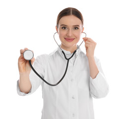 Canvas Print - Portrait of doctor with stethoscope on white background