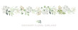 Greenery border of green leaves, fern, white background. Wedding invitation banner. Vector illustration. Floral garland arrangement. Design template greeting card