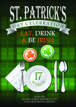 St. Patricks Day Celebration, Eat, Drink And Be Irish Text On Green Tartan Background Invitation, Card, Poster Or Flyer Template With Beer Mats, Plate, Knife, Fork, Spoon And Napkin
