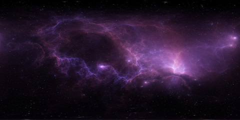 360 degree space background with nebula and stars, equirectangular projection, environment map. HDRI spherical panorama.