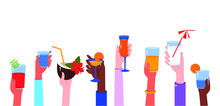 Party Time With Multiple Raised Hands Holding Cocktails Glasses. Horizontal Vector Background For Web Banners And Special Event Flyers.