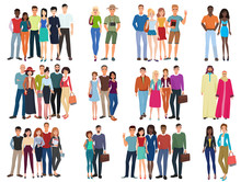 People Groups And Couples Collection. Diverse Cartoon Humans In Office And Casual Outfits Clothes, Young Students Isolated Vector Illustration