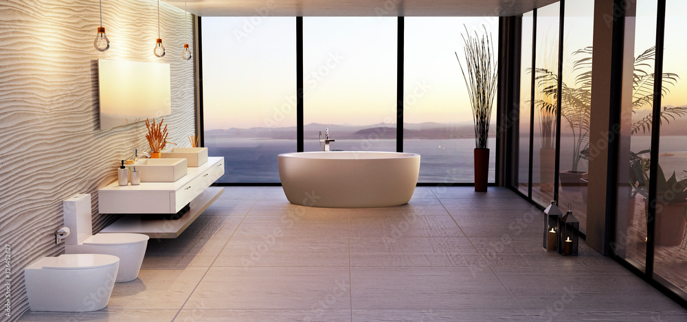 Luxury high key bathroom render with sea view. - obrazy, fototapety, plakaty 