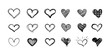 Vector set of hand drawn hearts isolated on white background, black scribble lines.