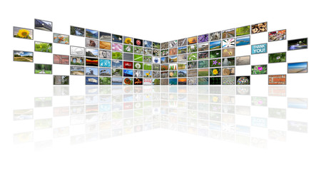 Multimedia, television and internet concept illustration, tv news background on white with empty copy space