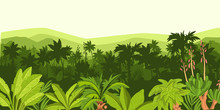 Horizontal Tropical Landscape With Palm Trees Silhouette, Hills And Mountains Outline. Rainforest Panorama In Green. Amazonian Jungle Banner For Advertisements, Landing Pages, Wallpapers