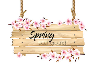 Aufkleber - Spring nature background with a pink sakura blossom and wooden sign. Vector