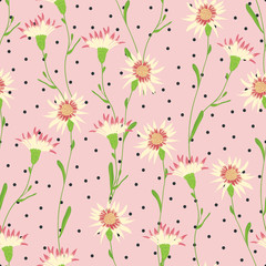 Naklejka na meble Wild meadow floral seamless pattern. Blooming botanical motifs scattered random. Color vector texture. Fashion, fabric, wallpaper, print. Hand drawn blossom flowers on pink background with polka dots
