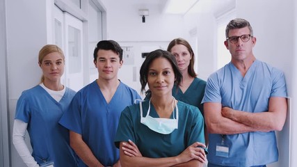 Wall Mural - Portrait Of Multi-Cultural Medical Team Standing In Hospital Corridor 