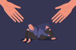 © ST.art - human hands helps unhappy and sad young couple, man and woman in depression sitting and hugging knees, sorrow, mental health concept, cartoon male and female character vector flat illustration
