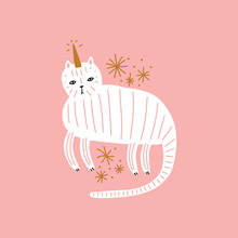 Cute Caticorn. Cat Unicorn, Kitty Magic Party Animal Concept. Doodle Cartoon Stylish Character. Vector EPS Clip Art