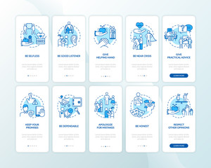 Friendship advices onboarding mobile app page screen with concepts set. Best friends support walkthrough 5 steps graphic instructions. UI vector template with RGB color illustrations