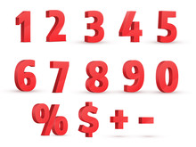 Red numbers. 3D realistic vector set. Perspective view. Percent sign, dollar sign, plus and minus.