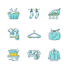 Sticker - Laundry and cleanup service blue and yellow RGB color icons set. Handwash, stain removal and outdoor drying, fabric ironing. Fur, furniture and pillow dry cleaning. Isolated vector illustrations