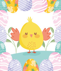 Poster - happy easter cute chicken with eggs border decoration flowers