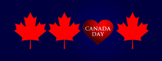 Wall Mural - Panoramic banner for Canada Day red maple leaves and heart on a blue background. Vector illustration
