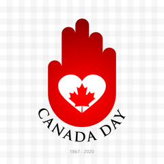 Wall Mural - Square banner, postcard Canada Day. heart and red leaf of maple on the palm of a hand, symbol of Canada. Vector illustration
