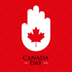 Wall Mural - Square banner, postcard Canada Day. Red maple leaf, symbol of Canada on a white hand. Vector illustration