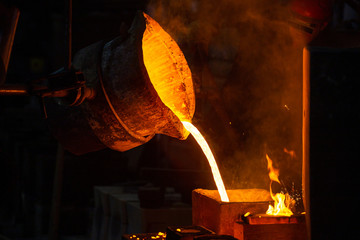 Close-up view of industrial chill casting. The process of for filling out mold with molten metal.