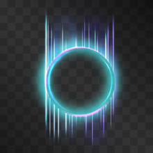 Light Effect Circle Frame With Blue Neon Laser, Glowing Peaky Tail Of Shining Streams And Lines, Mystic Haloillumination. Foggy Scary Light Rings Flow In Motion Portal. Luxurious Hypnotic Element.