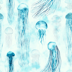 Wall Mural - Pattern seamless jellyfishes Colorful repeat texture wallpaper design illustration Watercolor in bright style vivid blue purple violet medusa isolated on white background