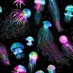 Wall Mural - Pattern seamless jellyfishes Space colorful repeat texture wallpaper illustration Night galaxy mix with watercolor jelly fishes in bright style vivid blue purple violet isolated on dark background