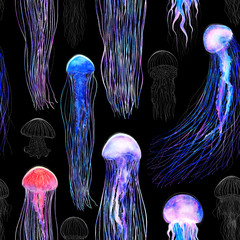 Wall Mural - Pattern seamless jellyfishes Space colorful repeat texture wallpaper illustration Night galaxy mix with watercolor jelly fishes in bright style vivid blue purple violet isolated on dark background